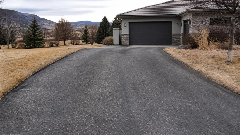 Asphalt driveway running up to an attached garage past dormant winter lawn, foothills behind the roofline